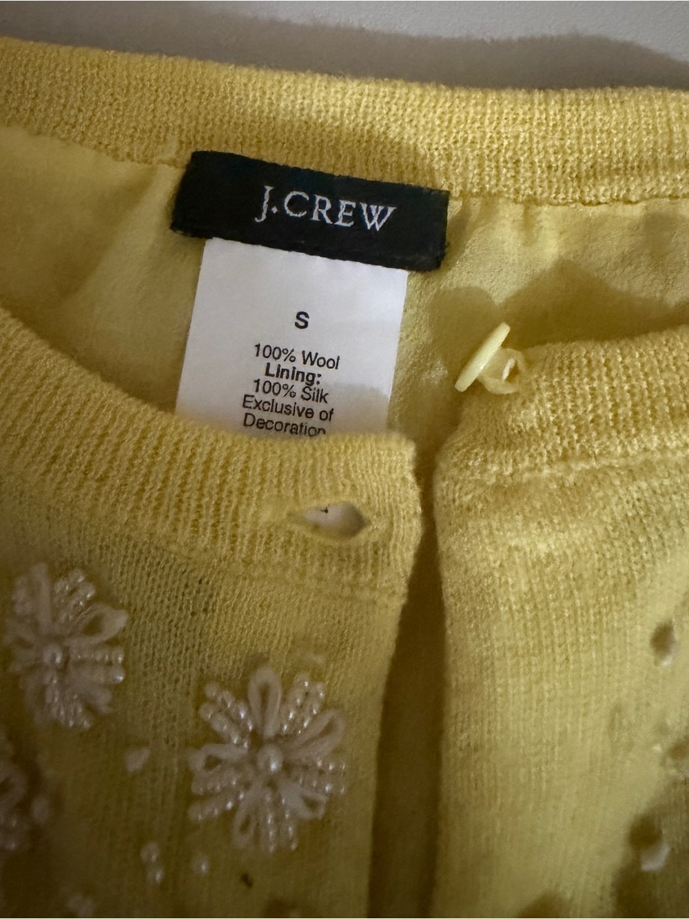 J. Crew Yellow Wool Cardigan Vintage look. with Beaded Flowers Size small